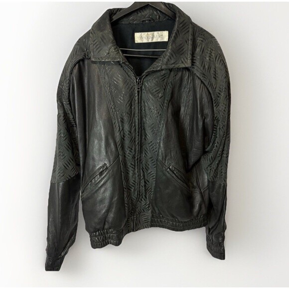 Vintage 80s Andrew Marc Leather Bomber Flight Style Coat Jacket Large Textured - Picture 1 of 10